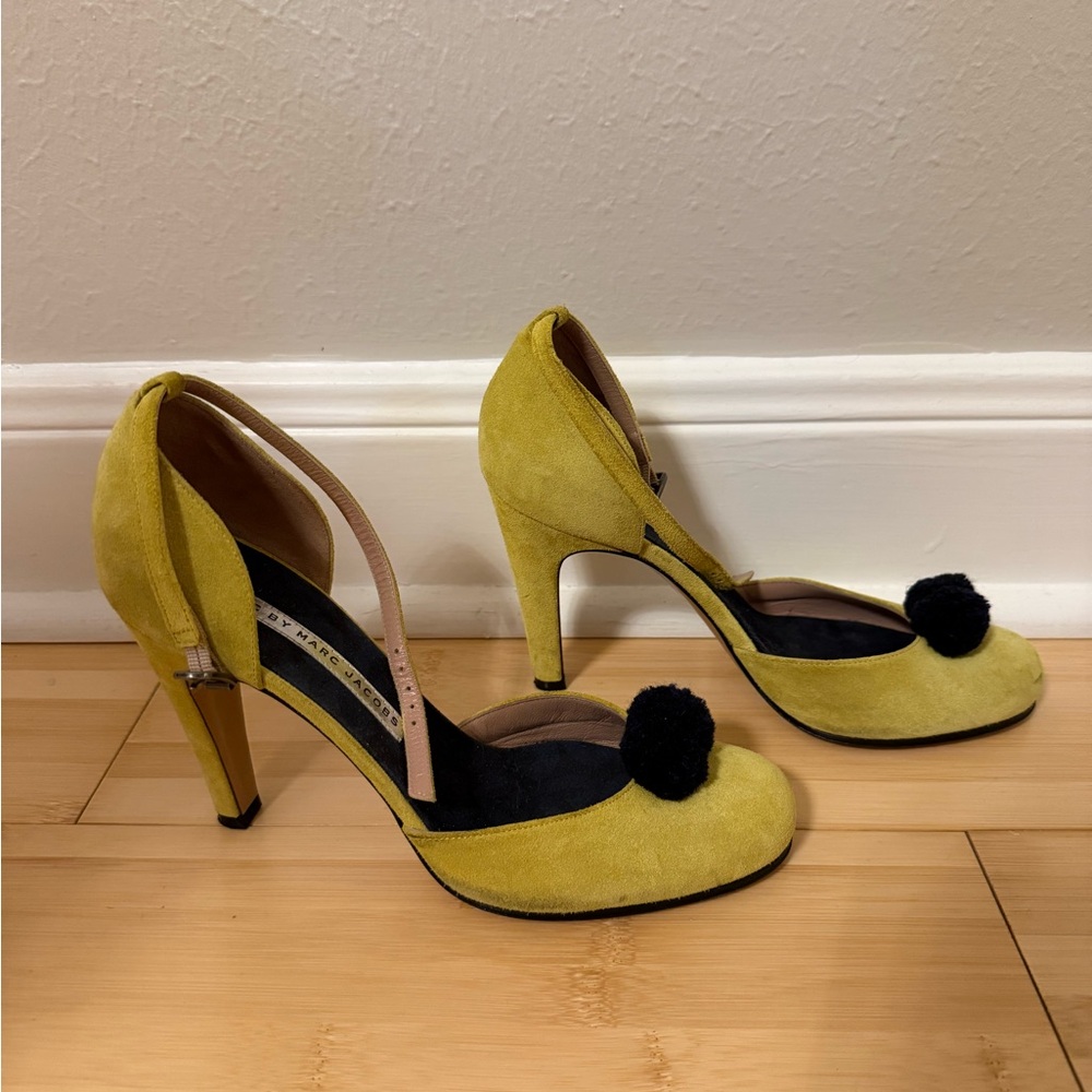 Marc by Marc Jacobs Yellow Suede Ankle Strap Heels with Navy Pom-Pom Detail